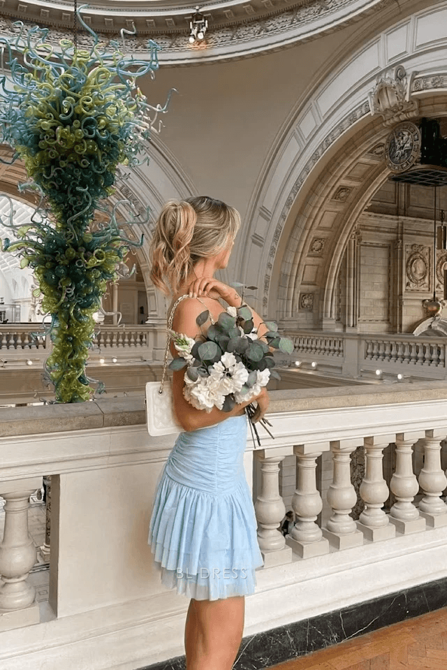 Elegant A-Line Sweetheart Strapless Ruched Tiered Sky Blue Mini Homecoming Set