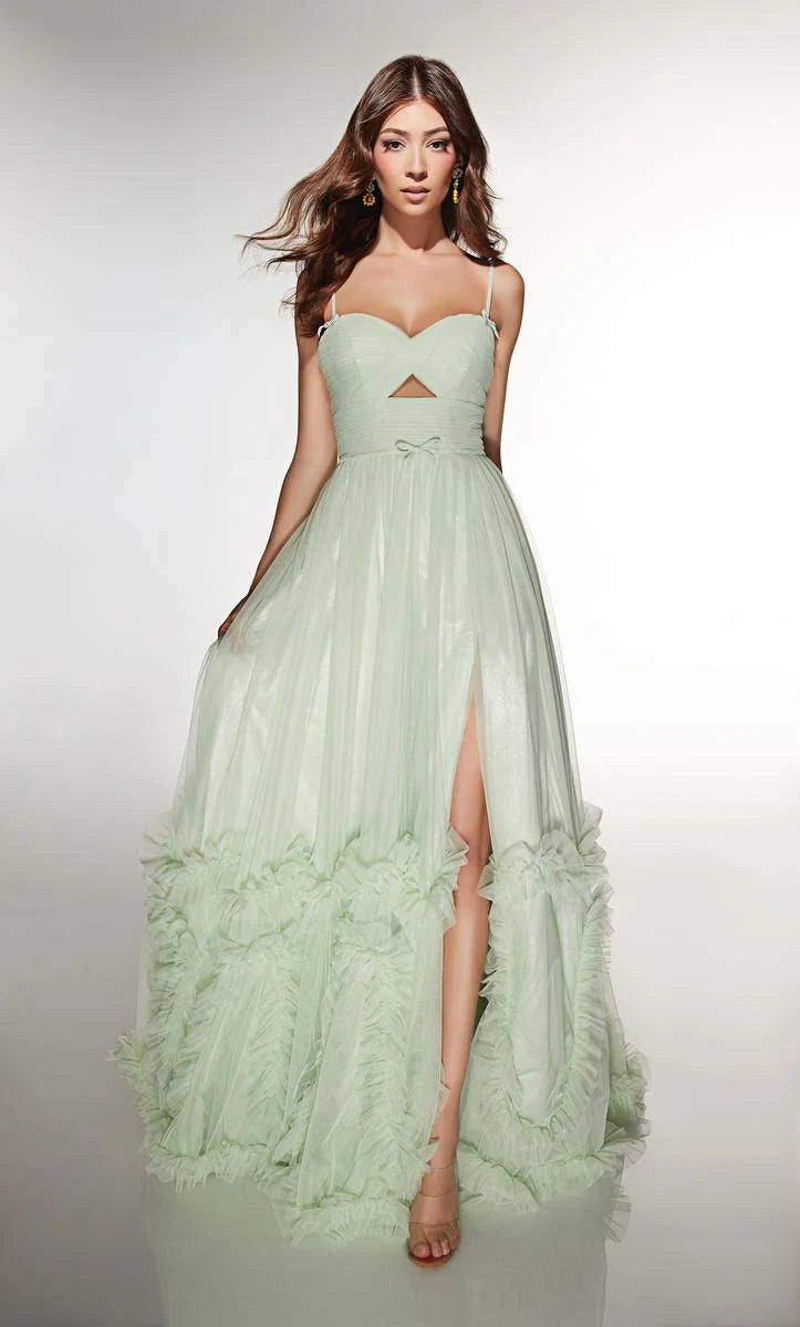 Elegant A-Line Sweetheart Strapless Ruffled Slit Mint Green Floor-Length Prom Gown