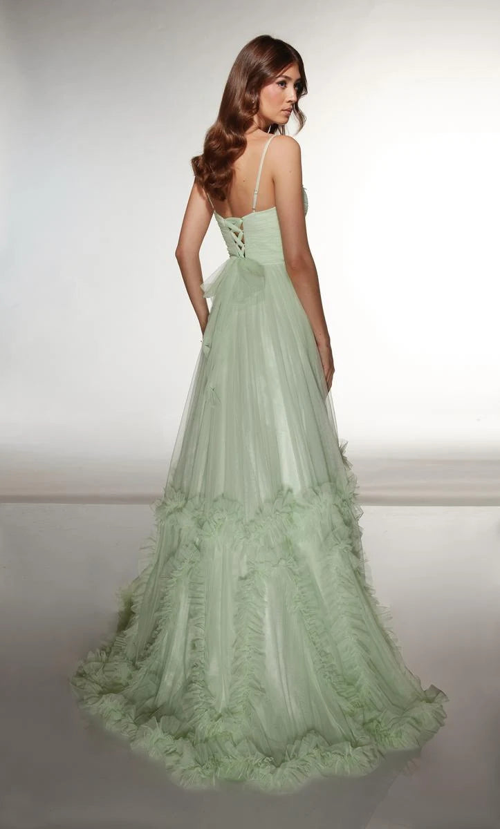 Elegant A-Line Sweetheart Strapless Ruffled Slit Mint Green Floor-Length Prom Gown