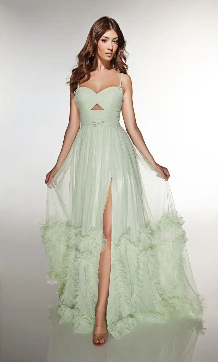 Elegant A-Line Sweetheart Strapless Ruffled Slit Mint Green Floor-Length Prom Gown