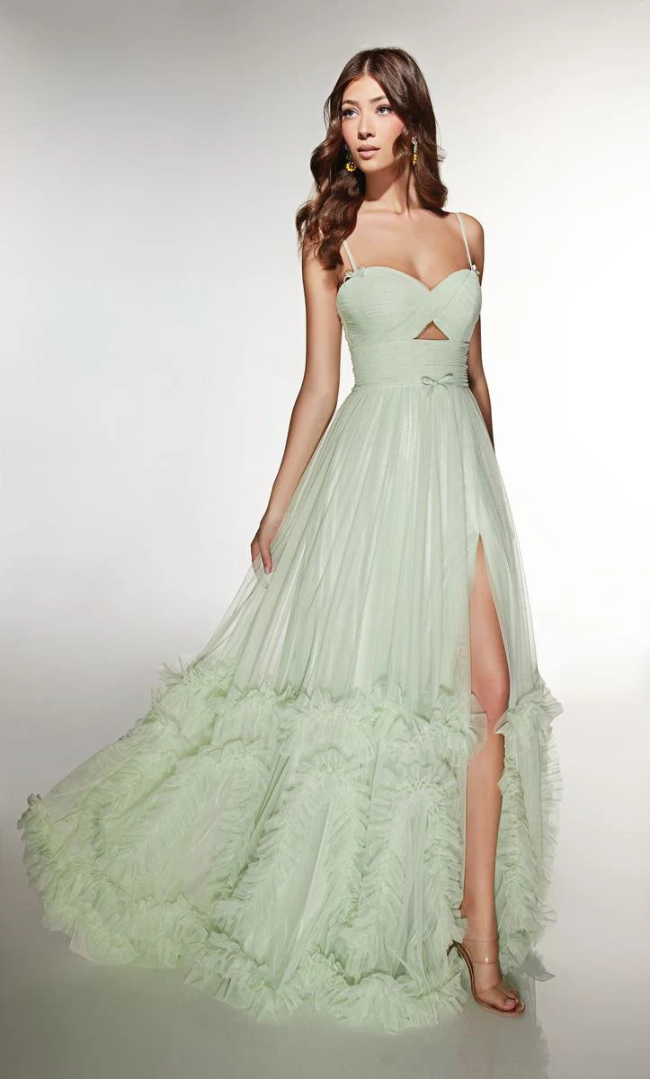 Elegant A-Line Sweetheart Strapless Ruffled Slit Mint Green Floor-Length Prom Gown