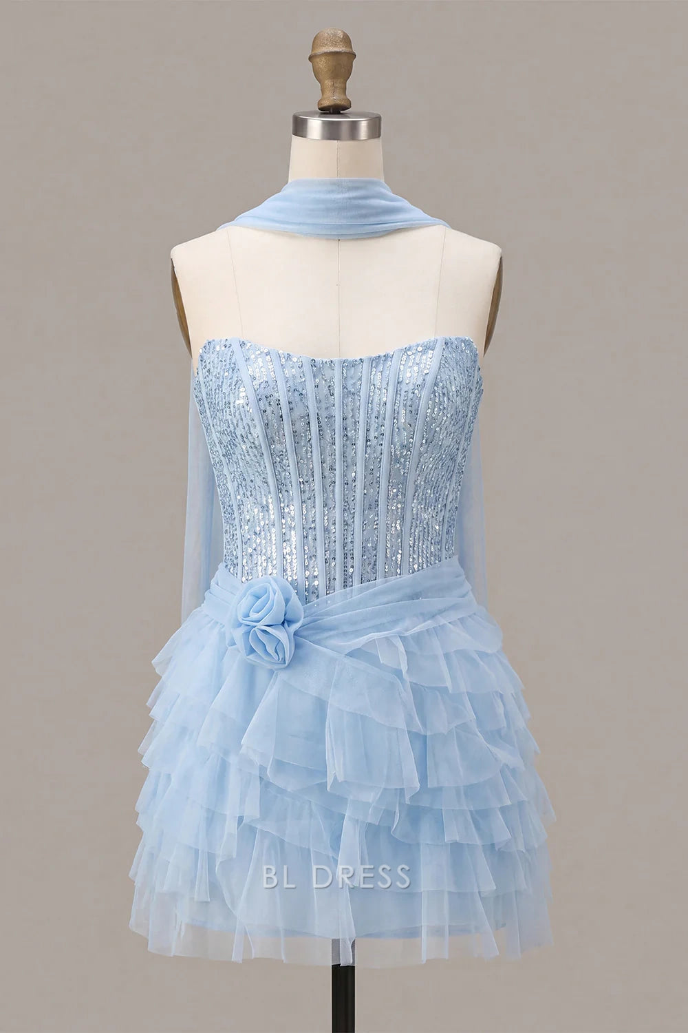 Elegant A-Line Sweetheart Strapless Sequin Ruffled Sky Blue Mini Homecoming Dress