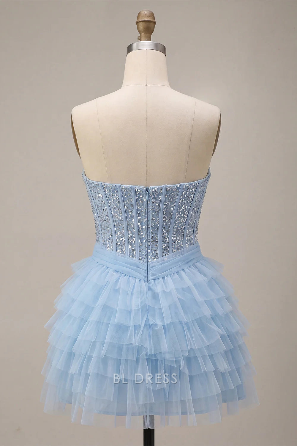 Elegant A-Line Sweetheart Strapless Sequin Ruffled Sky Blue Mini Homecoming Dress