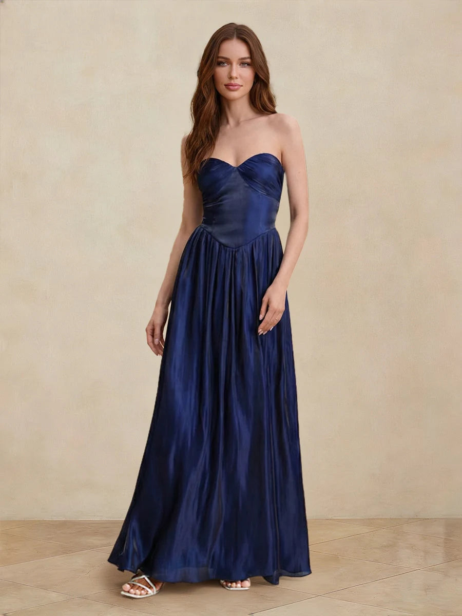 Elegant A-Line Sweetheart Strapless Shimmering Flowy Navy Blue Floor-Length Prom Dresses Women's Gown