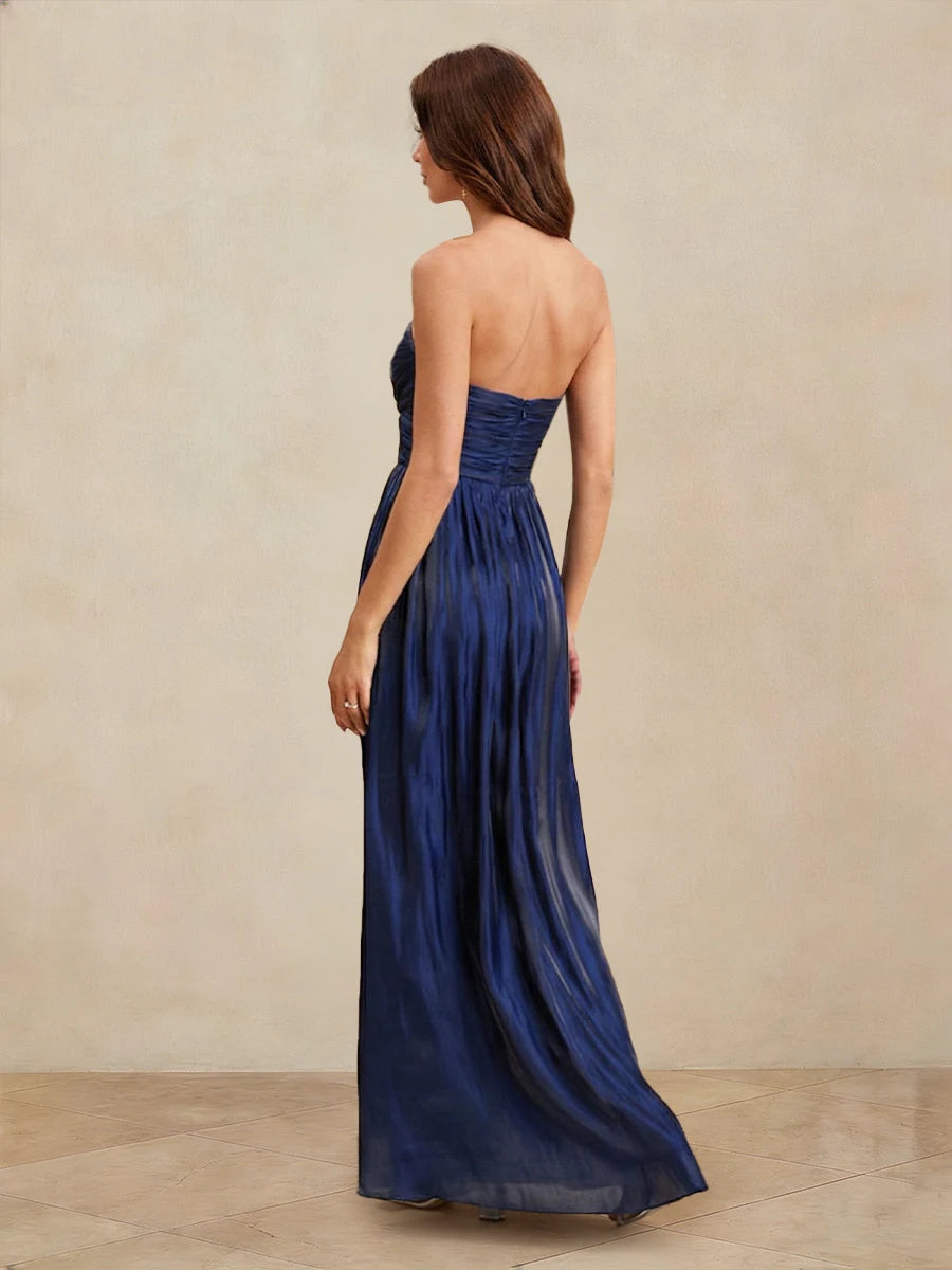 Elegant A-Line Sweetheart Strapless Shimmering Flowy Navy Blue Floor-Length Prom Dresses Women's Gown