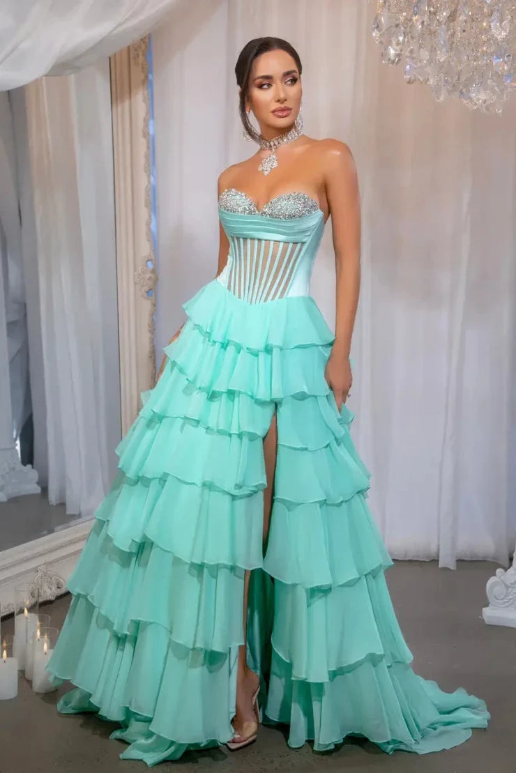Elegant A-Line Sweetheart Strapless Tiered Beaded Mint Long Prom Dresses For Women Gown