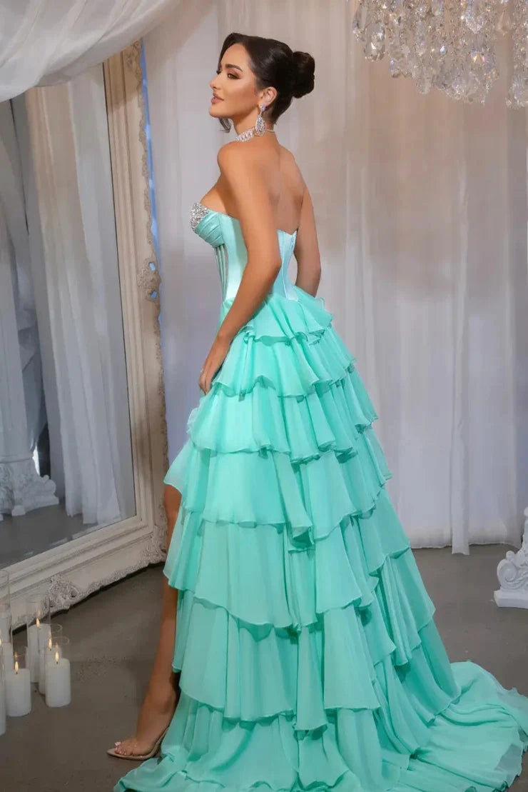Elegant A-Line Sweetheart Strapless Tiered Beaded Mint Long Prom Dresses For Women Gown