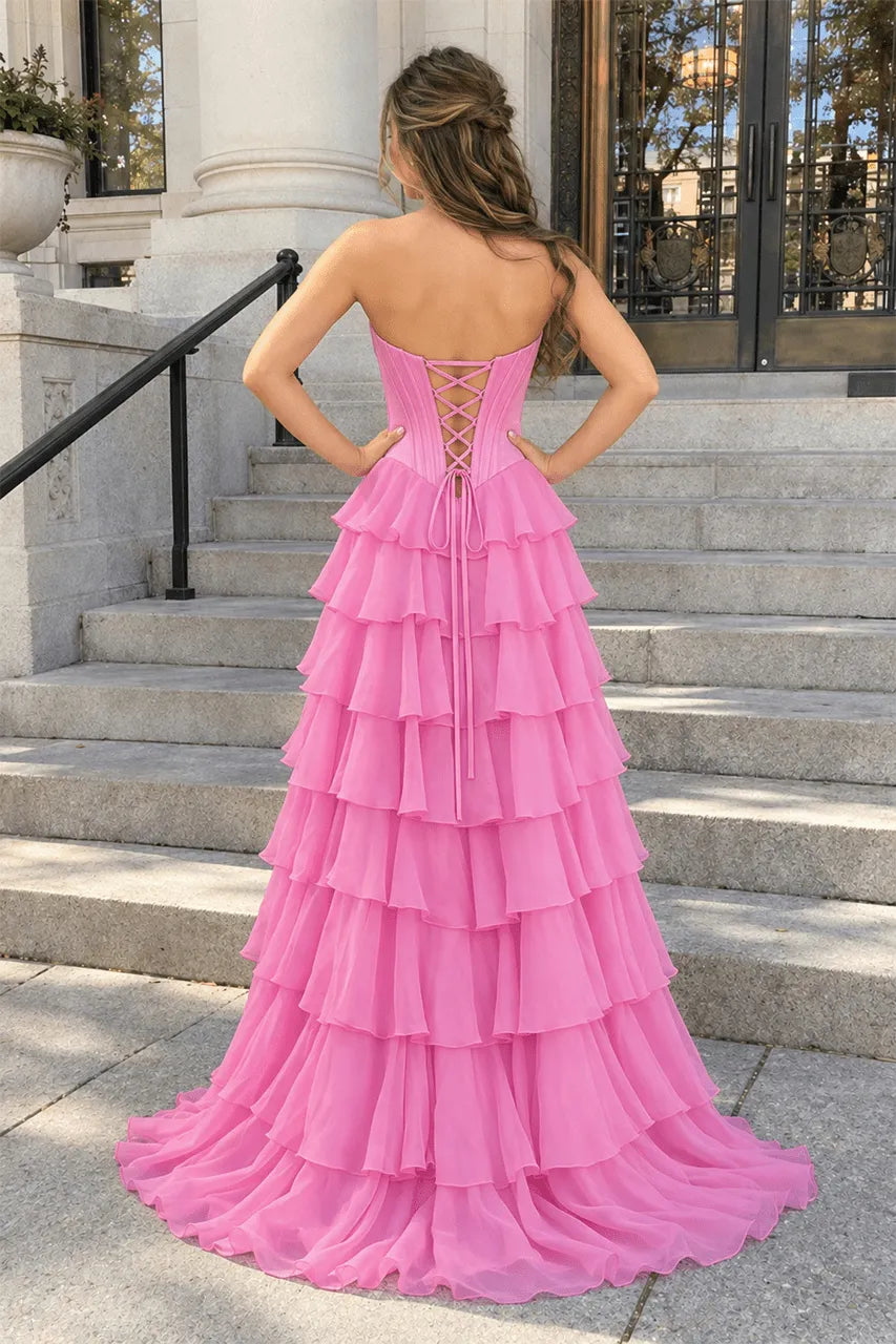 Elegant A-Line Sweetheart Strapless Tiered Corset Pink Maxi Prom Dresses Women