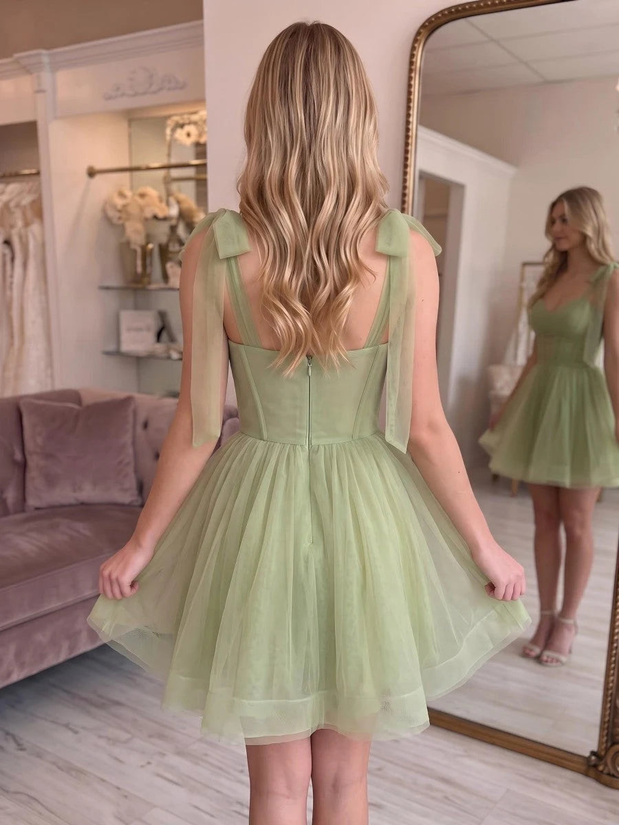 Elegant A-Line Sweetheart Tie-Shoulder Ruched Sage Green Short Homecoming Dress For Women