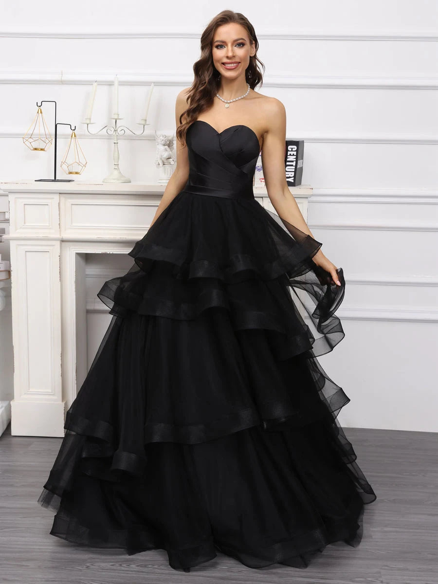 Elegant A-Line Sweetheart Tiered Ruffled Black Floor-Length Prom Dress