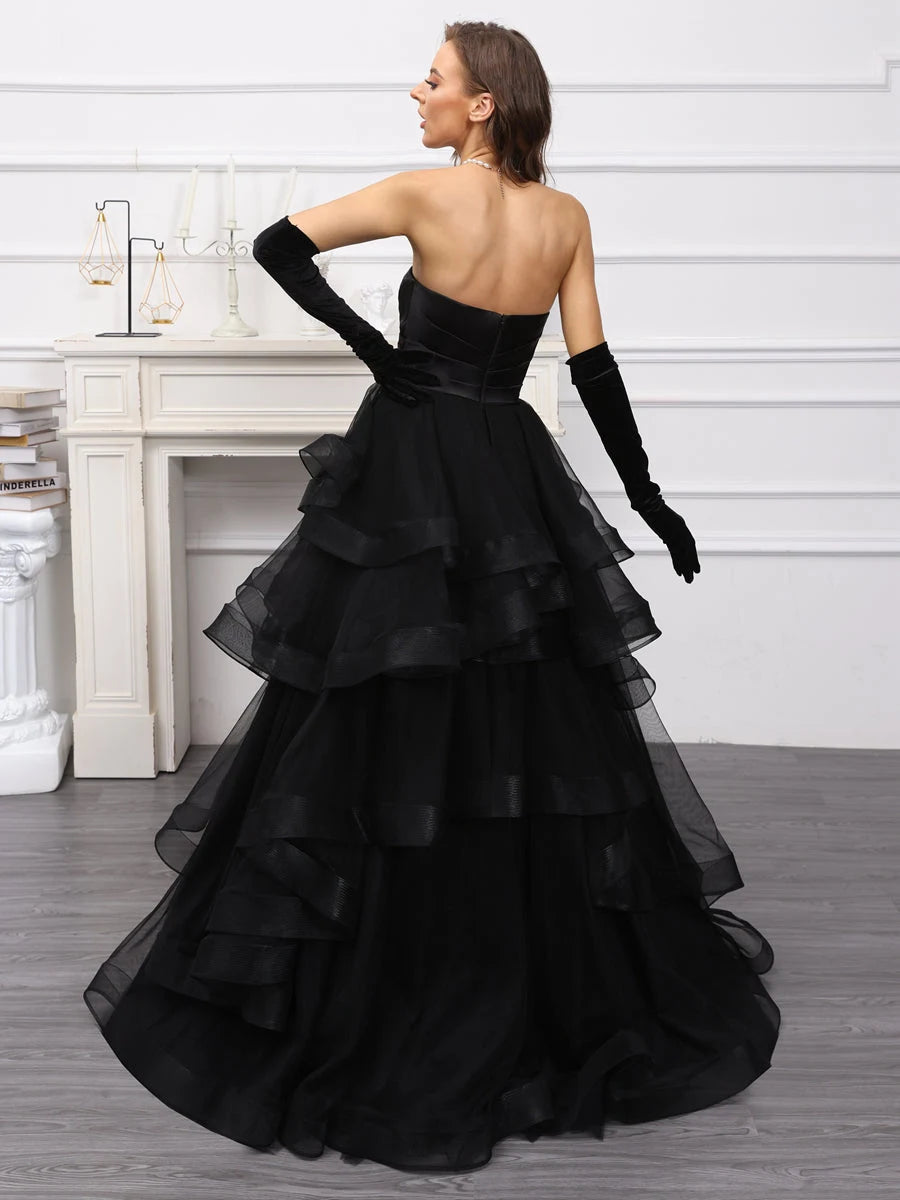 Elegant A-Line Sweetheart Tiered Ruffled Black Floor-Length Prom Dress