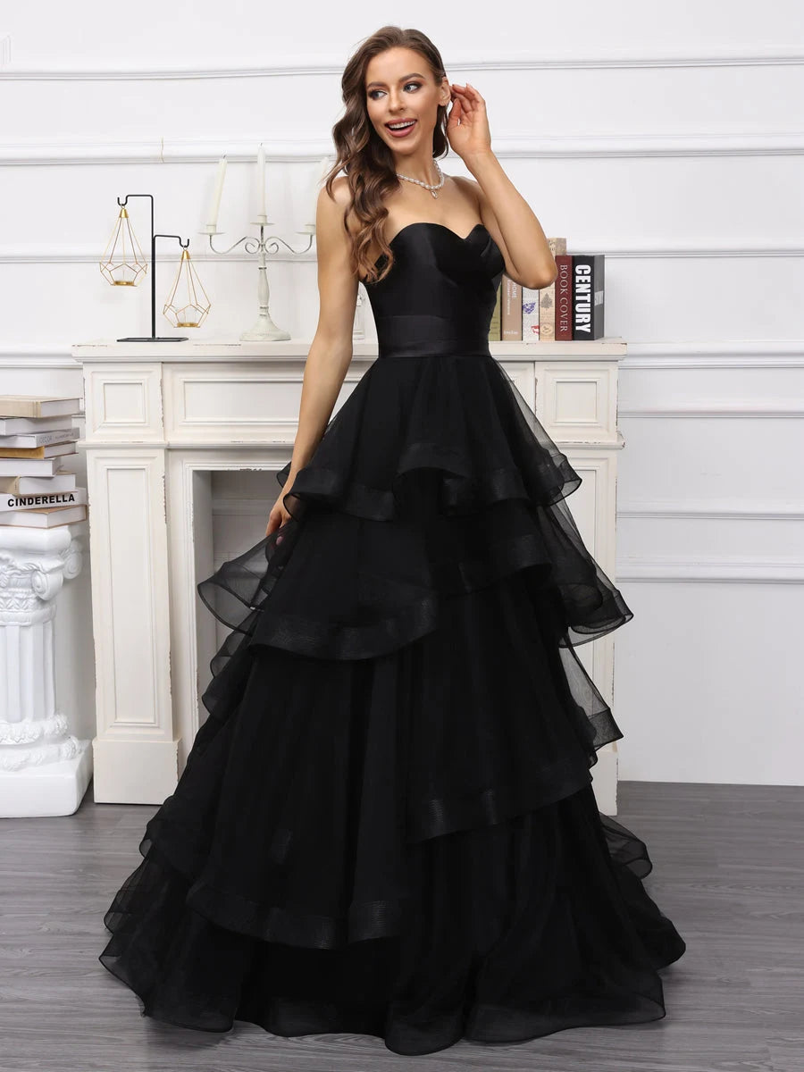 Elegant A-Line Sweetheart Tiered Ruffled Black Floor-Length Prom Dress