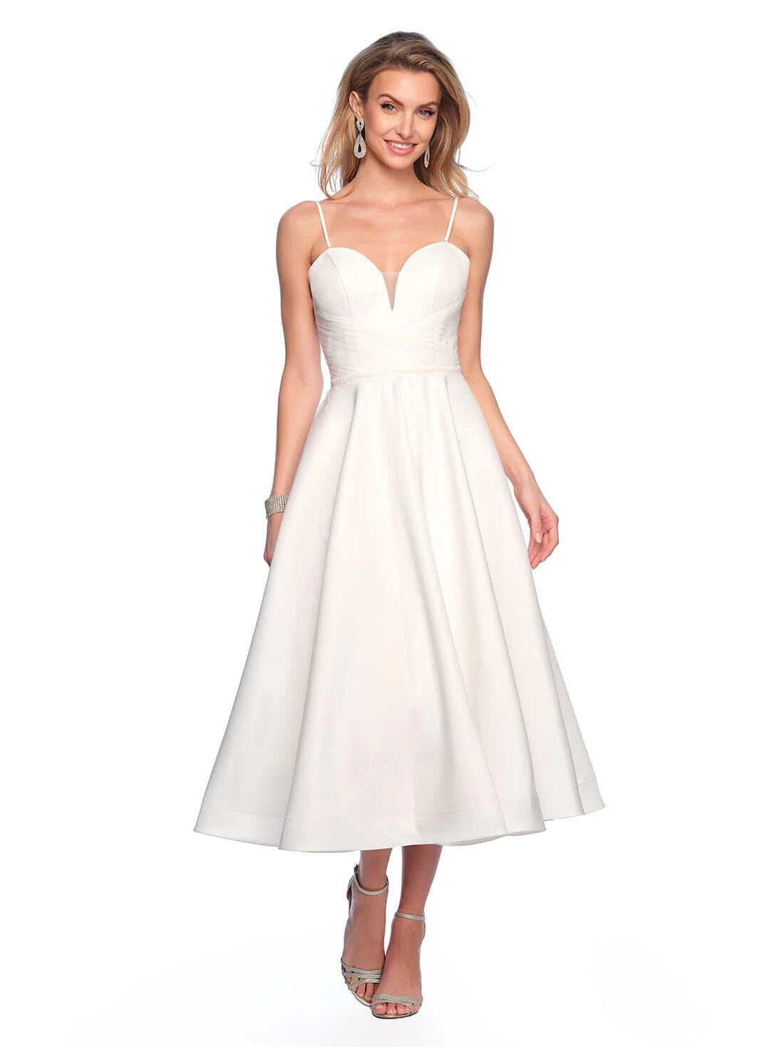 Elegant A-Line Sweetheart V-Neck Sleeveless Romantic White Midi Prom Dress