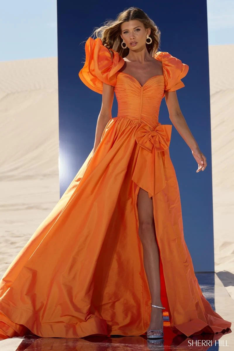 Elegant A-Line Sweetheart Voluminous Sleeves High Slit Tangerine Floor-Length Prom Dress