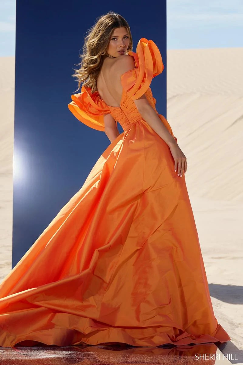 Elegant A-Line Sweetheart Voluminous Sleeves High Slit Tangerine Floor-Length Prom Dress