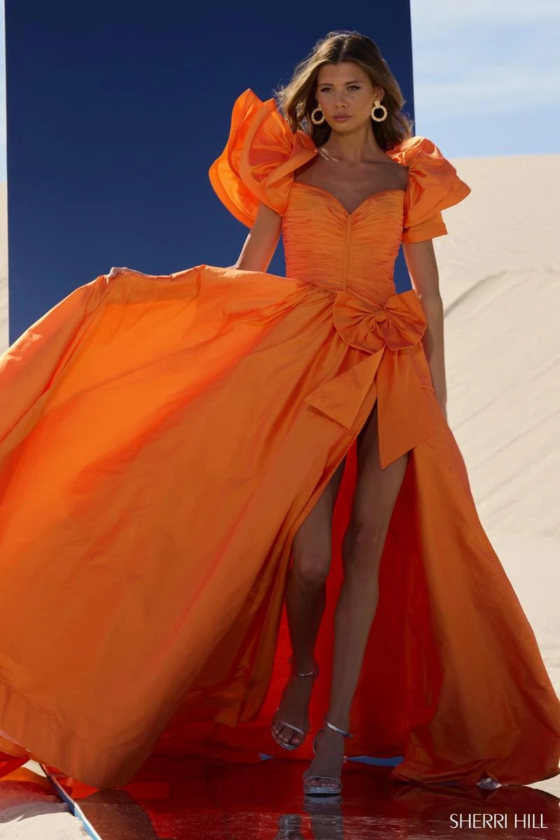 Elegant A-Line Sweetheart Voluminous Sleeves High Slit Tangerine Floor-Length Prom Dress