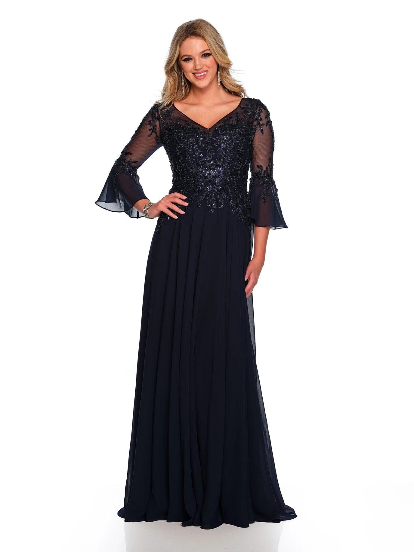 Elegant A-Line V-Neck Bell Sleeve Embellished Navy Blue Floor-Length Prom Dress