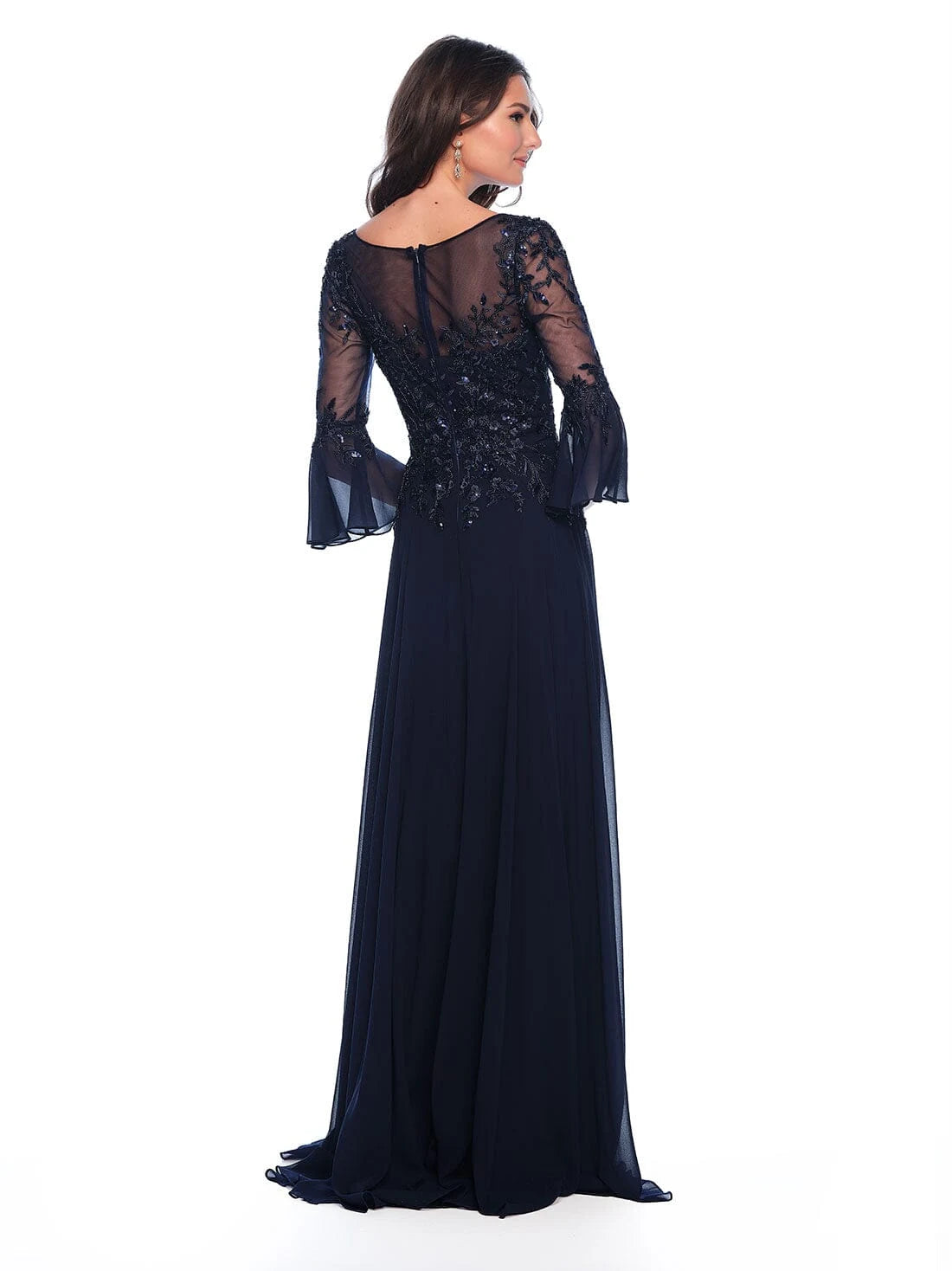 Elegant A-Line V-Neck Bell Sleeve Embellished Navy Blue Floor-Length Prom Dress