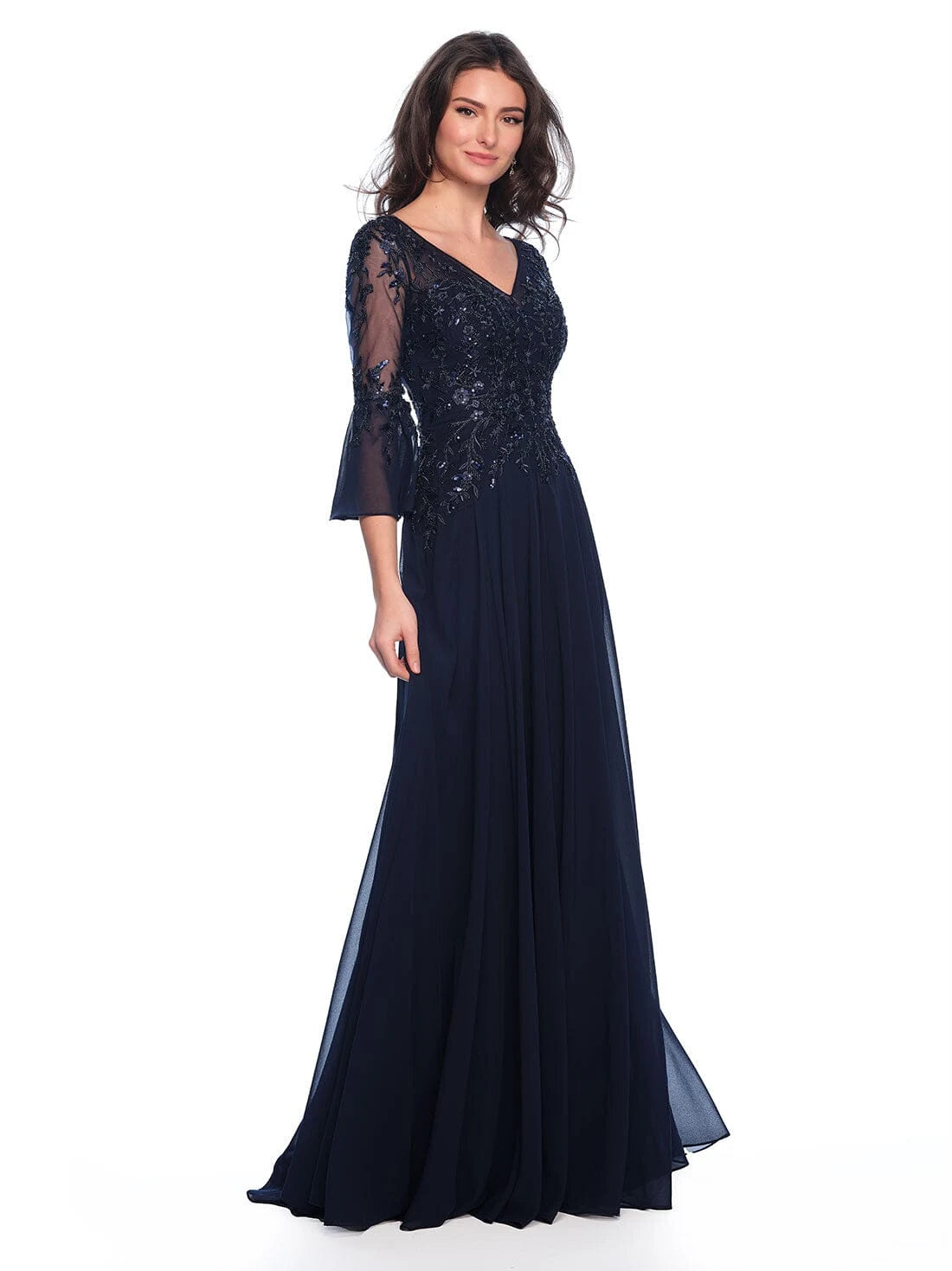 Elegant A-Line V-Neck Bell Sleeve Embellished Navy Blue Floor-Length Prom Dress