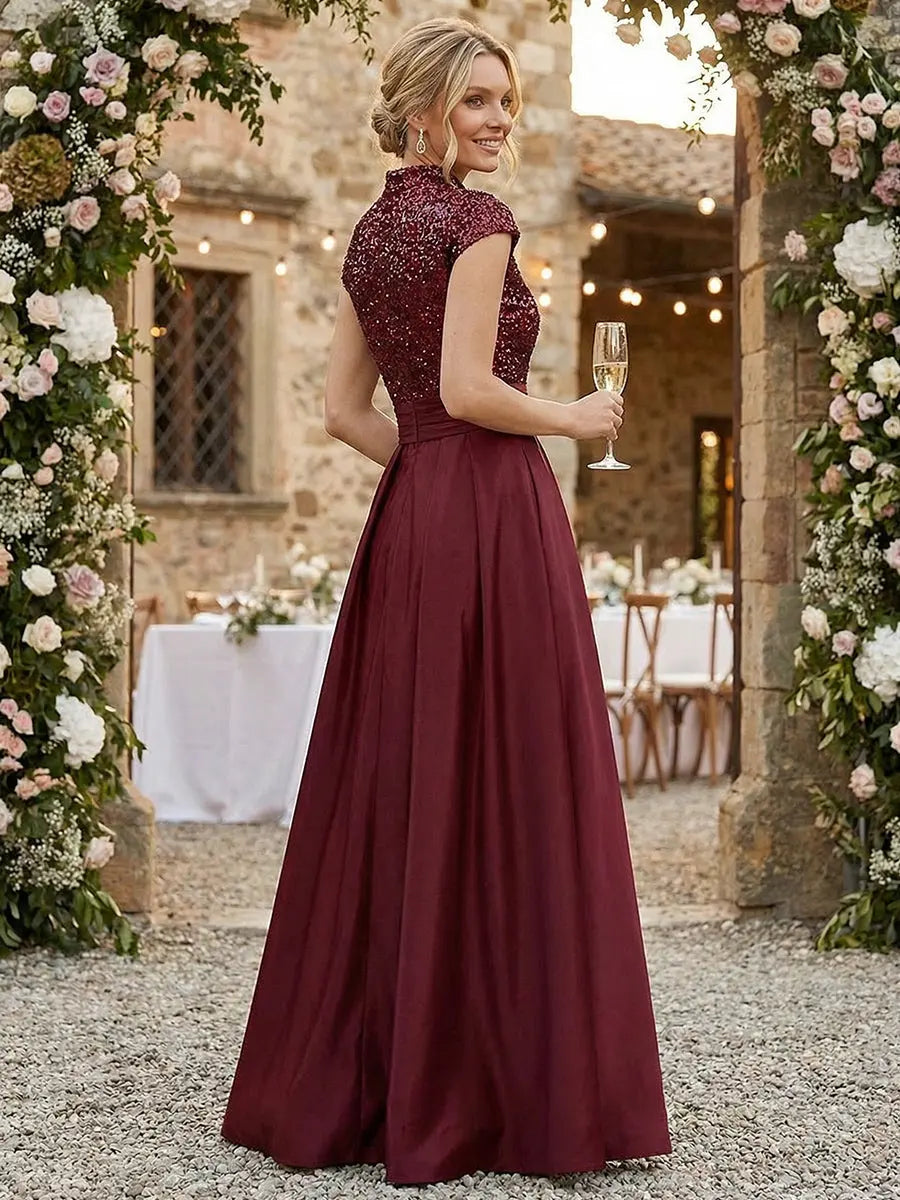 Elegant A-Line V-Neck Cap-Sleeve Sequin-Pleated Burgundy Mother of the Bride Dress