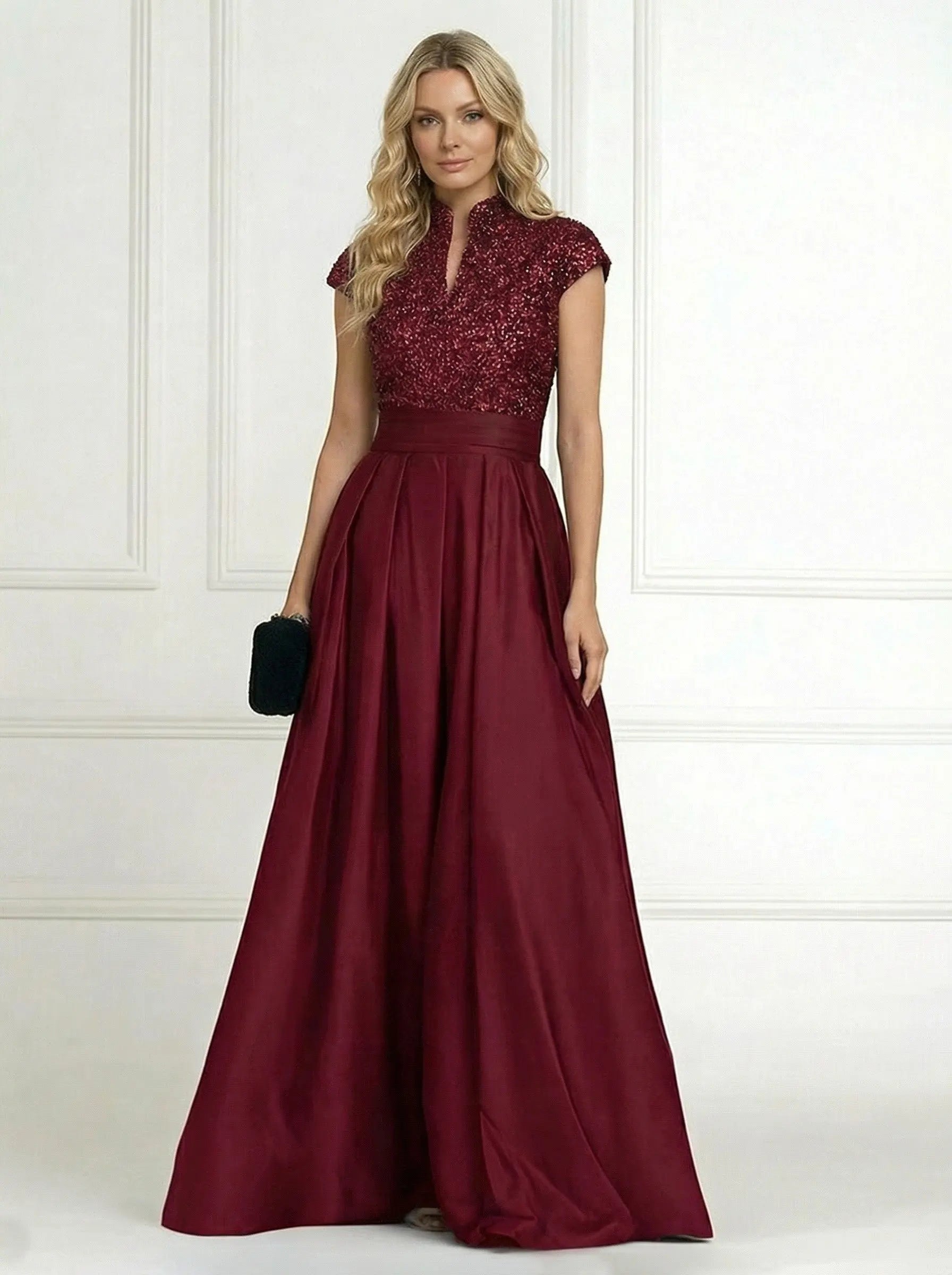 Elegant A-Line V-Neck Cap-Sleeve Sequin-Pleated Burgundy Mother of the Bride Dress