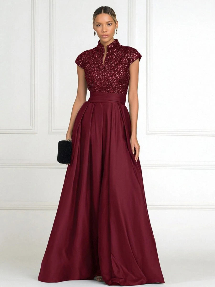 Elegant A-Line V-Neck Cap-Sleeve Sequin-Pleated Burgundy Mother of the Bride Dress
