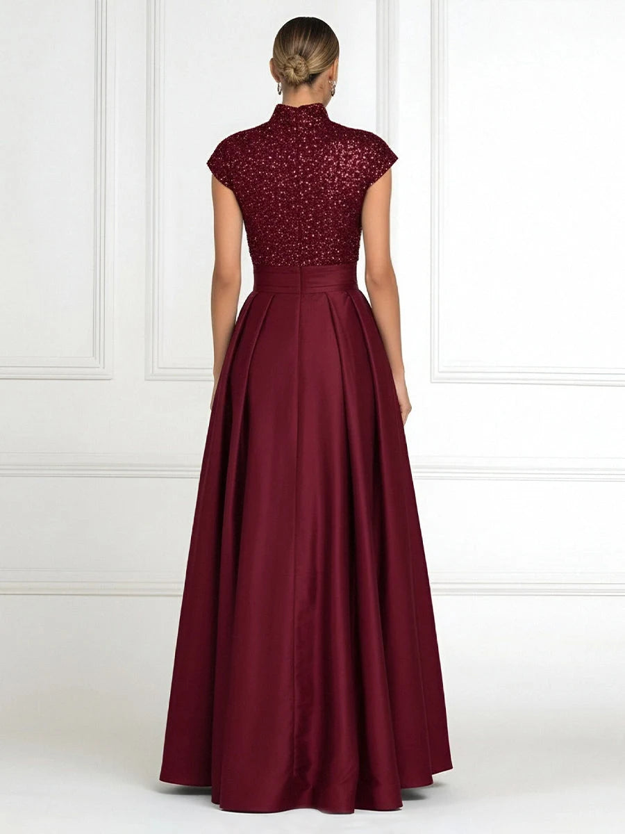 Elegant A-Line V-Neck Cap-Sleeve Sequin-Pleated Burgundy Mother of the Bride Dress