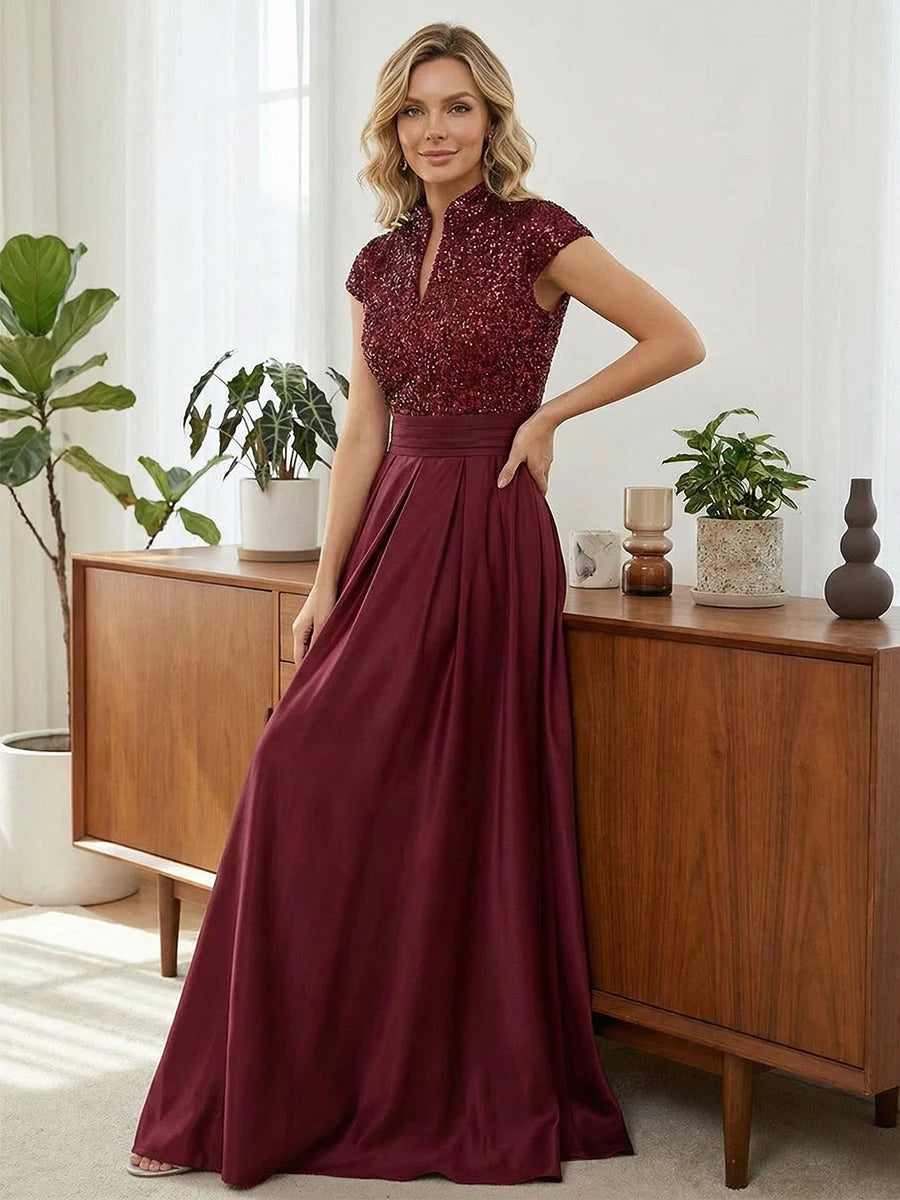 Elegant A-Line V-Neck Cap-Sleeve Sequin-Pleated Burgundy Mother of the Bride Dress