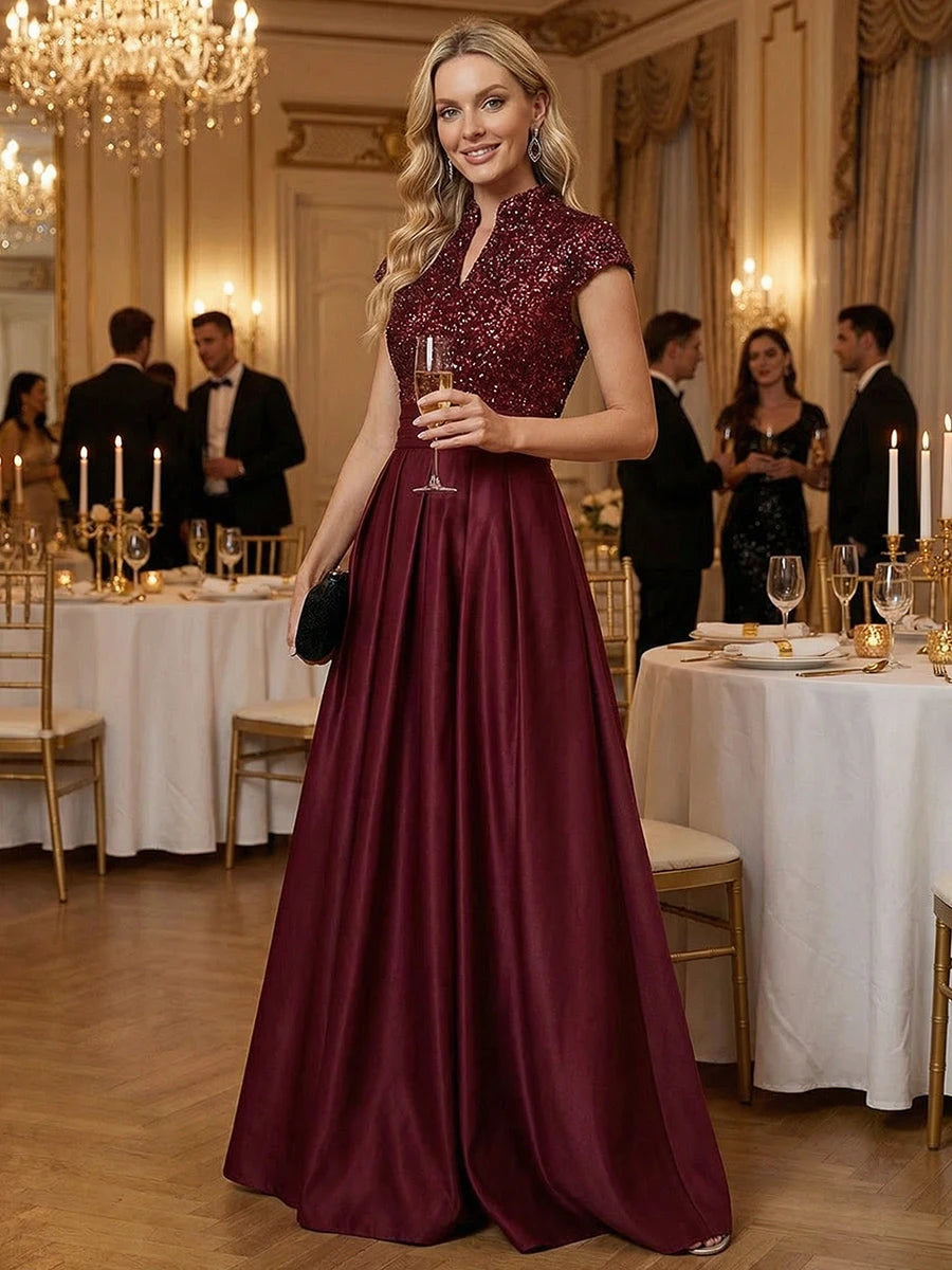 Elegant A-Line V-Neck Cap-Sleeve Sequin-Pleated Burgundy Mother of the Bride Dress