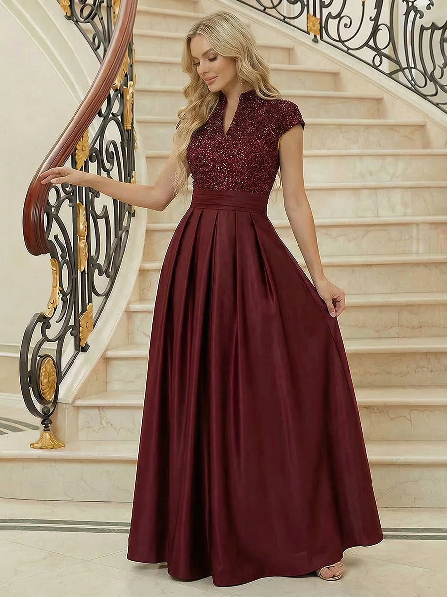 Elegant A-Line V-Neck Cap-Sleeve Sequin-Pleated Burgundy Mother of the Bride Dress