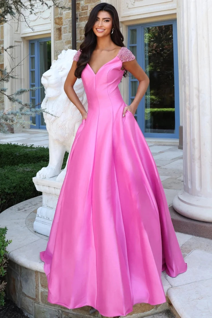 Elegant A-Line V-Neck Cap Sleeve Beaded Pocket Pink Floor-Length Prom Dresses Women Gown