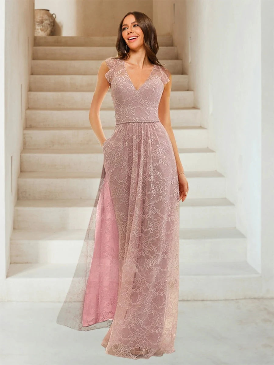 Elegant A-Line V-Neck Cap Sleeve Lace Dusty Rose Maxi Prom Gown