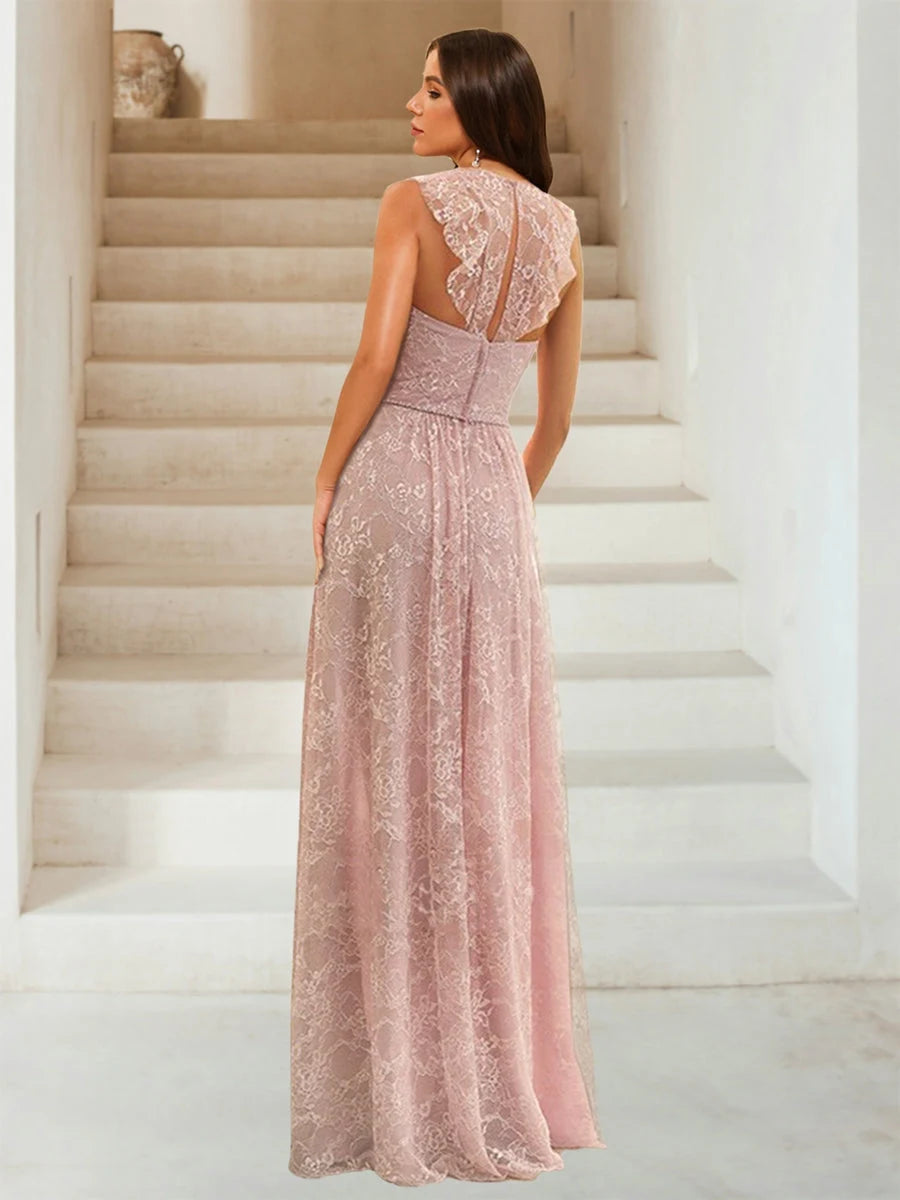 Elegant A-Line V-Neck Cap Sleeve Lace Dusty Rose Maxi Prom Gown
