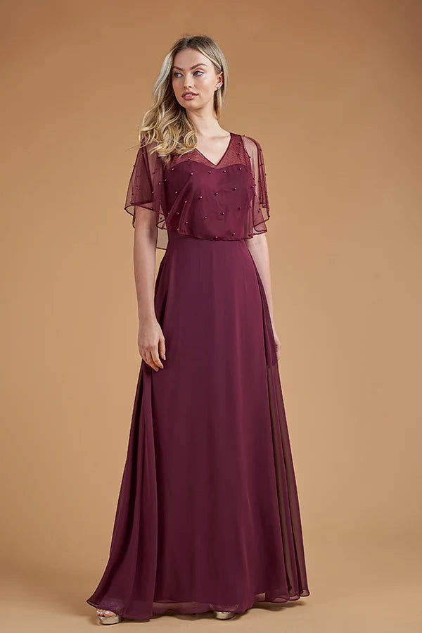 Elegant A-Line V-Neck Cape Sleeves Beaded Burgundy Floor-Length Prom Dresses Gown