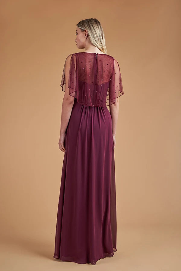 Elegant A-Line V-Neck Cape Sleeves Beaded Burgundy Floor-Length Prom Dresses Gown