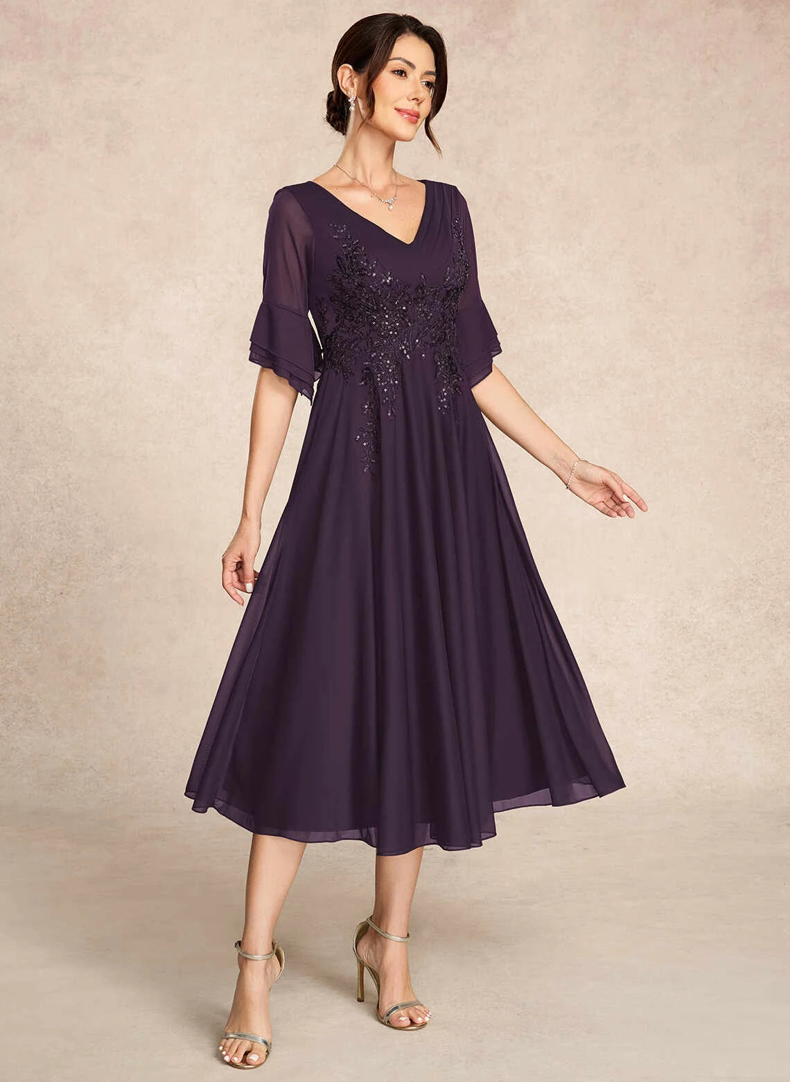 Elegant A-Line V-Neck Flared-Sleeve Sequin Embroidered Plum Tea-Length Mother-of-the-Bride Dress