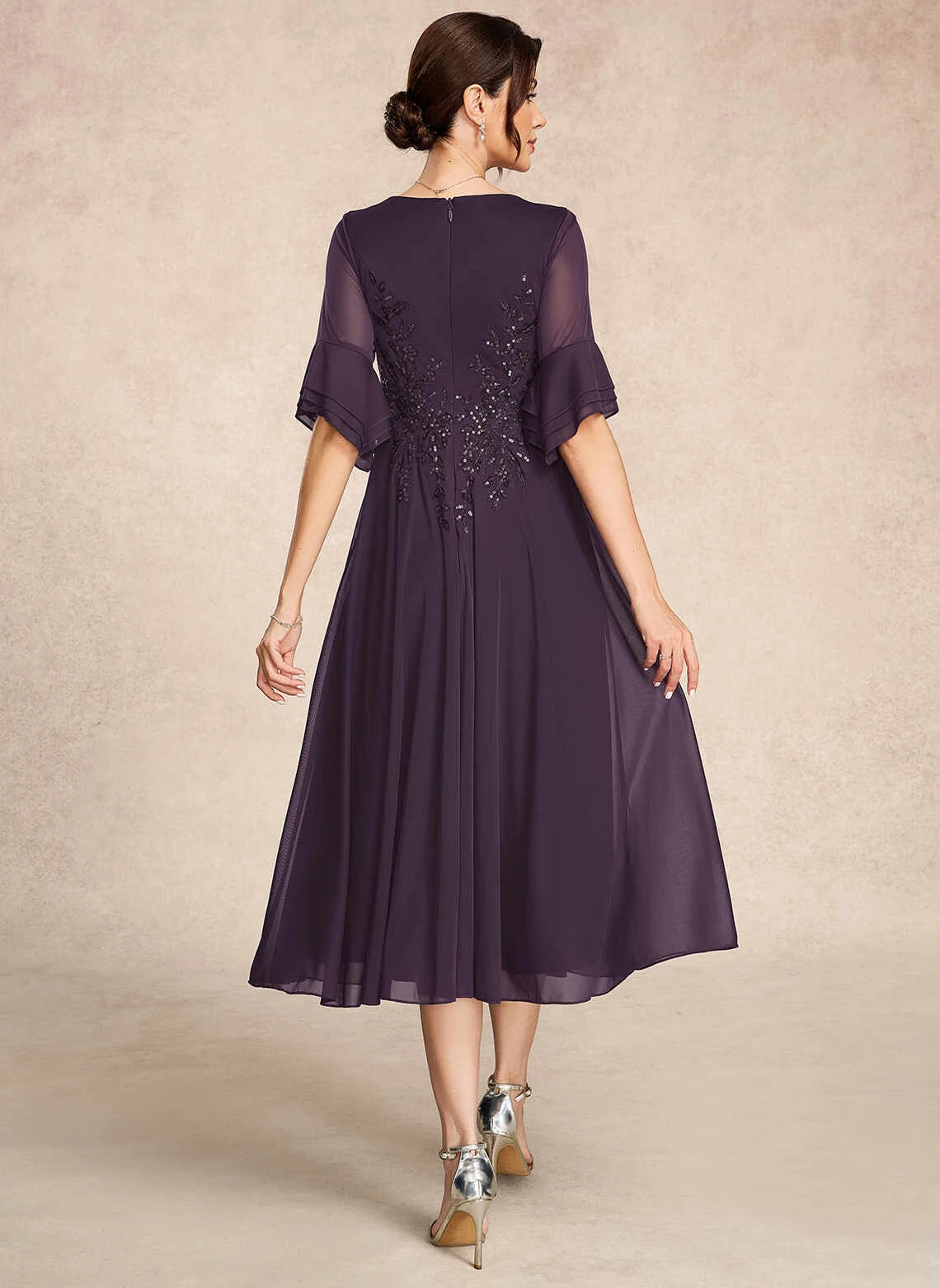 Elegant A-Line V-Neck Flared-Sleeve Sequin Embroidered Plum Tea-Length Mother-of-the-Bride Dress