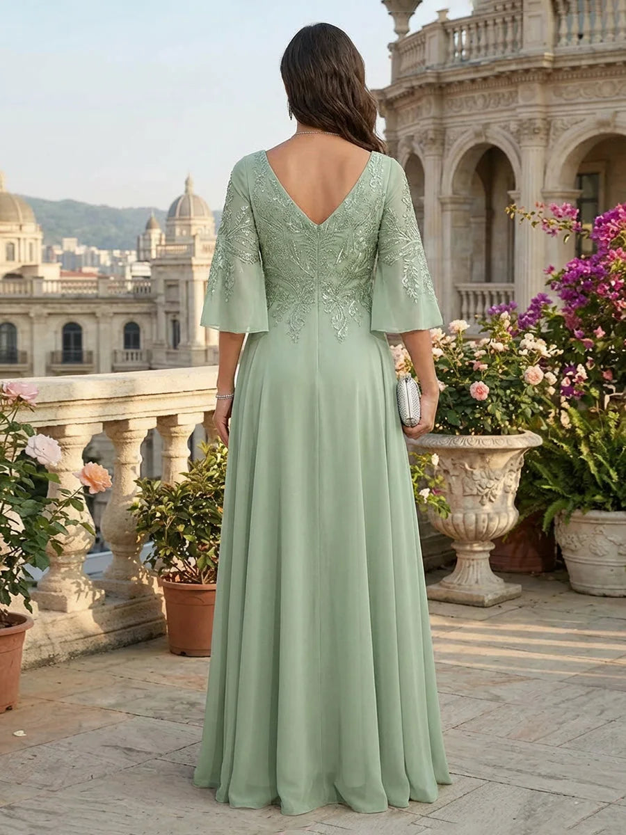Elegant A-Line V-Neck Flutter-Sleeve Beaded Sage Mother Of The Bride Dress