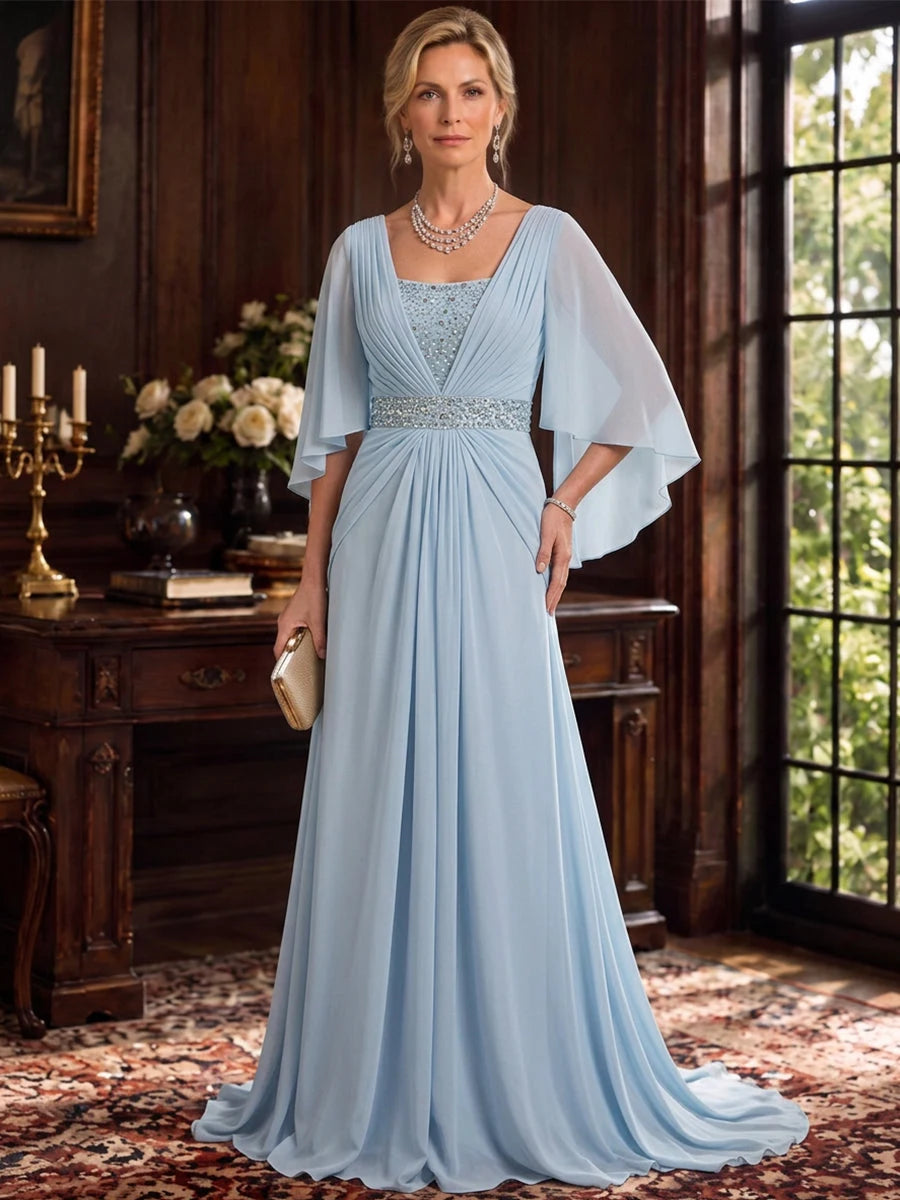 Elegant A-Line V-Neck Flutter-Sleeve Pleated-Beaded Blue Mother Of The Bride Dress