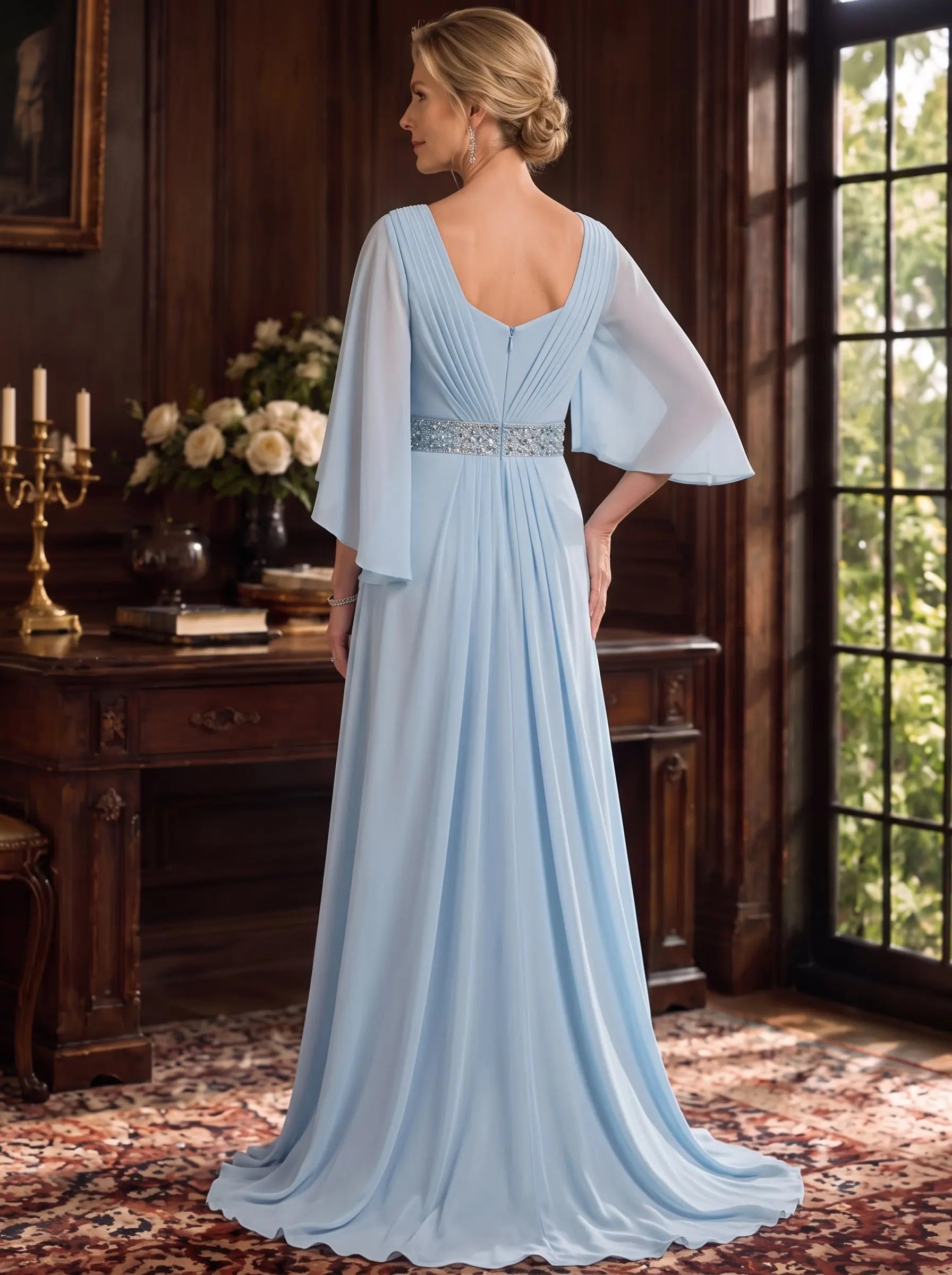 Elegant A-Line V-Neck Flutter-Sleeve Pleated-Beaded Blue Mother Of The Bride Dress