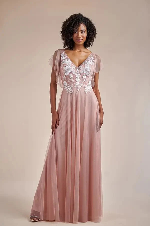Elegant A-Line V-Neck Flutter Sleeve Floral Dusty Pink Floor-Length Prom Dress Gown
