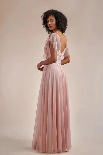 Elegant A-Line V-Neck Flutter Sleeve Floral Dusty Pink Floor-Length Prom Dress Gown