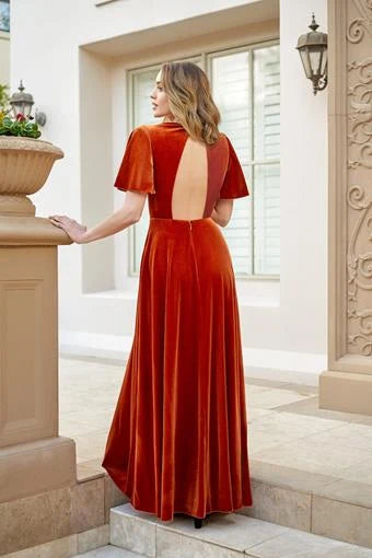 Elegant A-Line V-Neck Flutter Sleeve Glamorous Open Back Rust Floor-Length Prom Gown