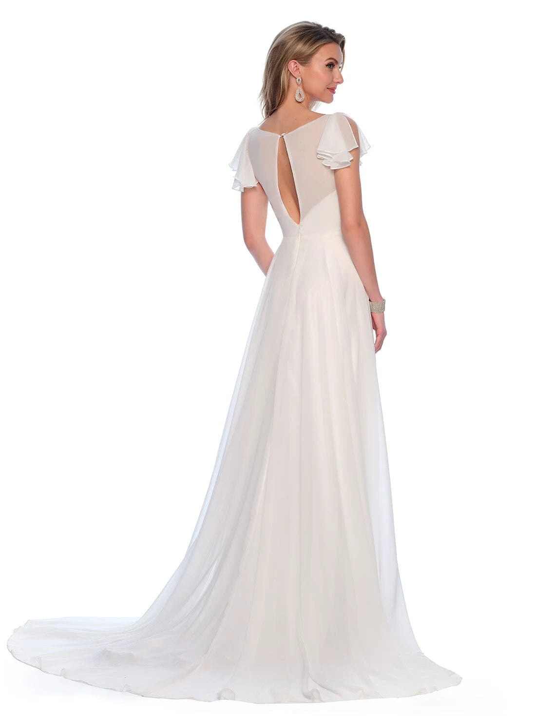 Elegant A-Line V-Neck Flutter Sleeve High Slit Ivory Floor-Length Prom Gown