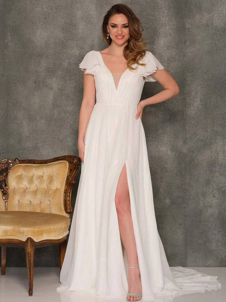 Elegant A-Line V-Neck Flutter Sleeve High Slit Ivory Floor-Length Prom Gown
