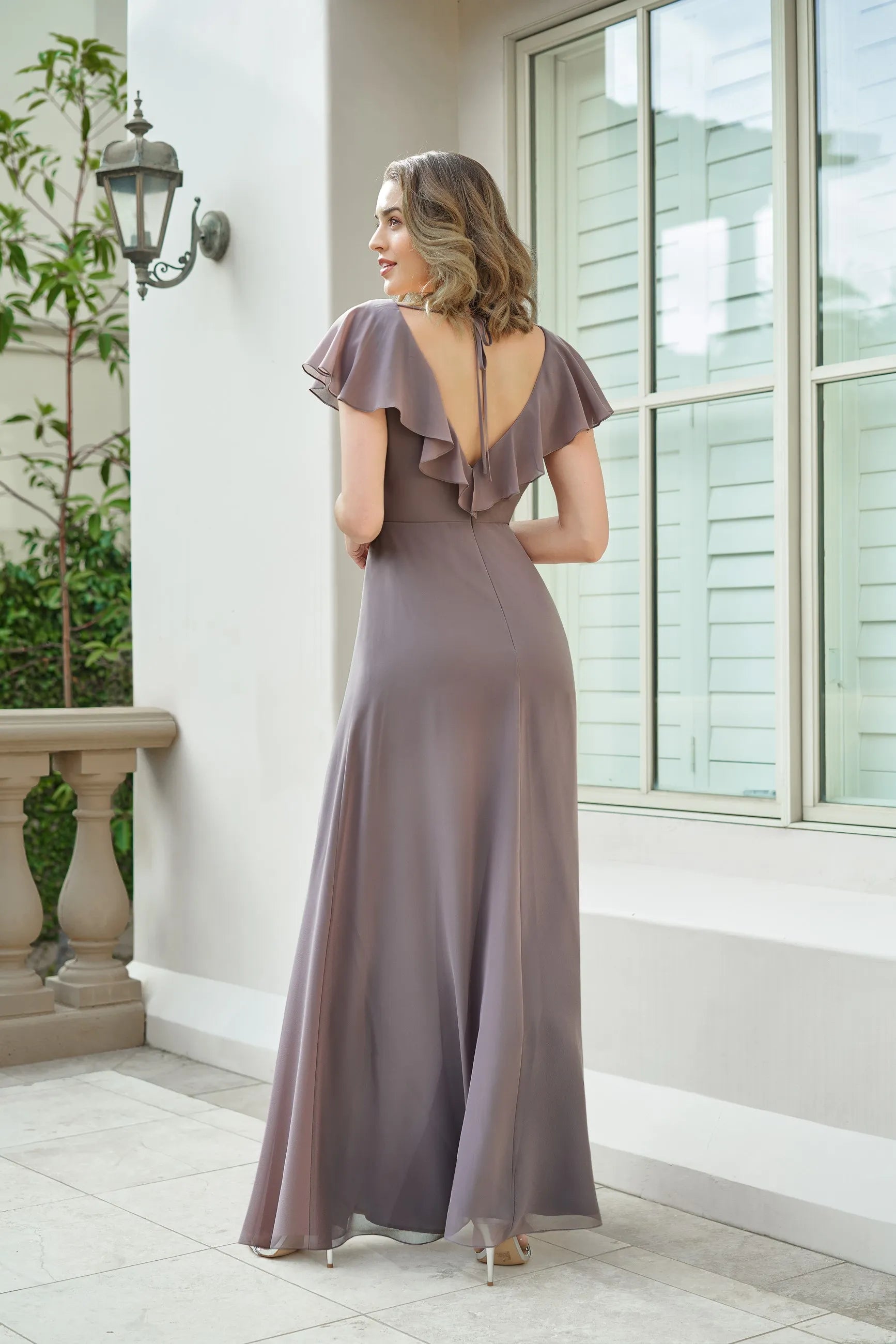 Elegant A-Line V-Neck Flutter Sleeve Taupe Grey Floor-Length Prom Dress
