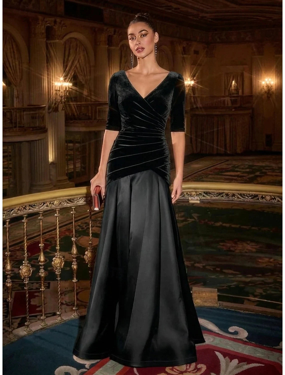 Elegant A-Line V-Neck Half Sleeve Ruched Black Floor-Length Evening Dress