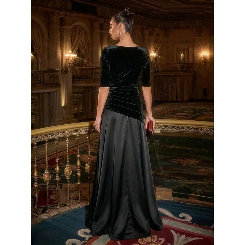 Elegant A-Line V-Neck Half Sleeve Ruched Black Floor-Length Evening Dress