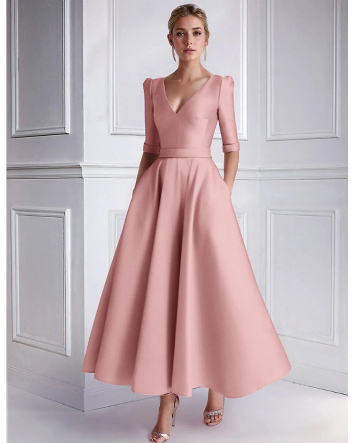 Elegant A-Line V-Neck Half Sleeve Sophisticated Dusty Pink Midi Prom Dress