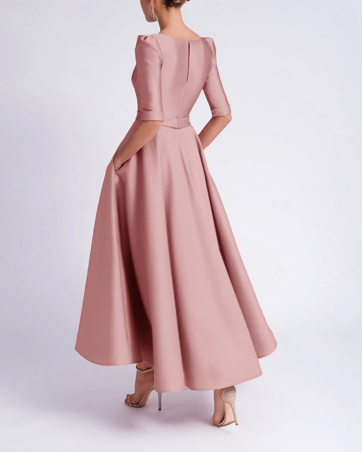 Elegant A-Line V-Neck Half Sleeve Sophisticated Dusty Pink Midi Prom Dress